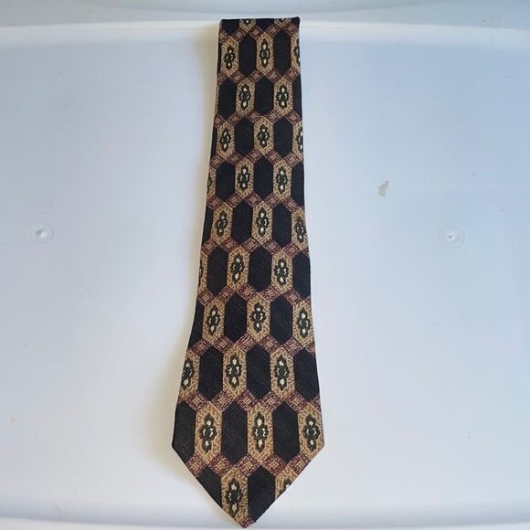 Vtg 70s black, tan, dark green, cream & maroon silk tie - Picture 1 of 5